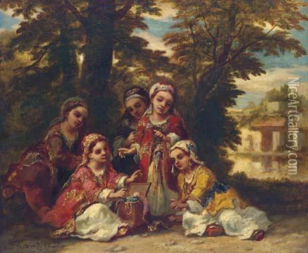 Enfants Turcs: Cinq Fillettes Jouant A L'ombre De Grandsarbres Oil Painting - Narcisse-Virgile D Az De La Pena