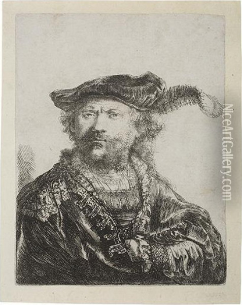 Self Portrait In A Velvet Cap And Plume. Oil Painting - Rembrandt Van Rijn