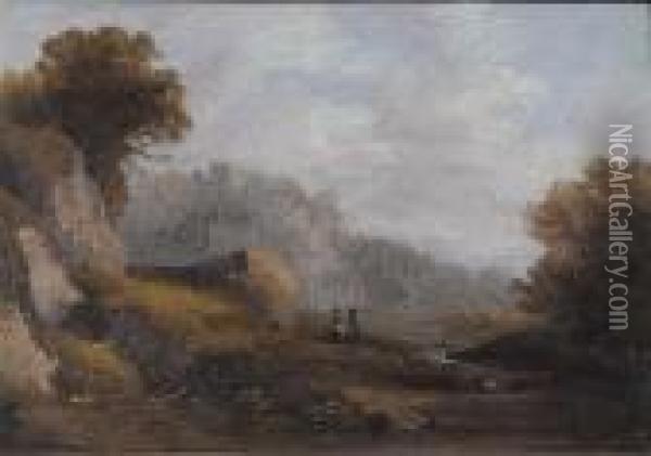 Figures In An Extensive Classical Style Landscape With Castle Inthe Distance Oil Painting - John Wilson Carmichael
