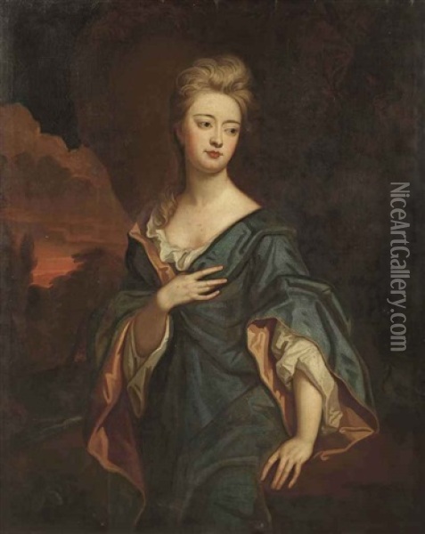 Portrait Of A Lady, Said To Be Lady Mary Bentinck, Countess Of Essex, In A Blue Robe With A White Chemise, Standing In A Grotto With A Waterfall In The Distance Oil Painting - Michael Dahl