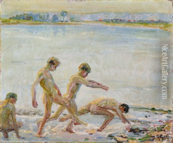 Laufende Jungen Am Wasser Oil Painting - Georg Hermann Gelbke