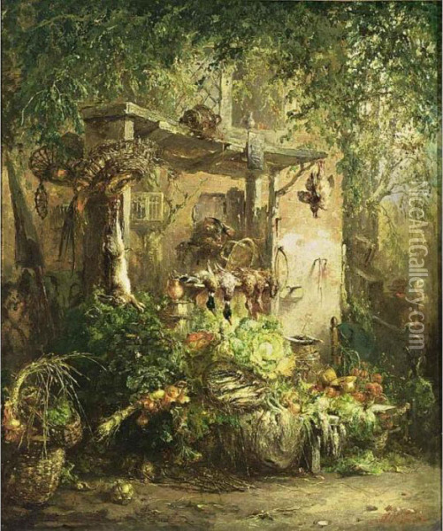 Vegetables And Chickens In A Garden Oil Painting - Maria Vos