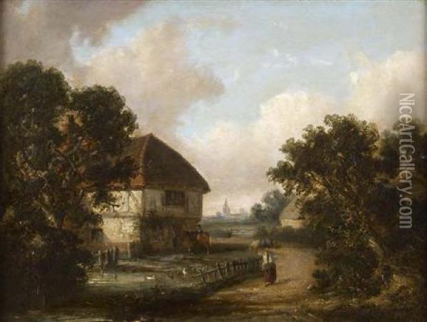 A Wooded River Landscape With Figures And Cottages Oil Painting - Thomas Smythe