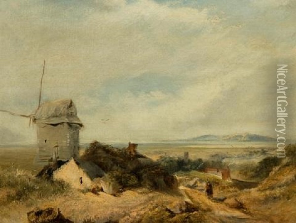 Estuary Landscape With Cloaked Figure Beside A Windmill Oil Painting - Henry Bright