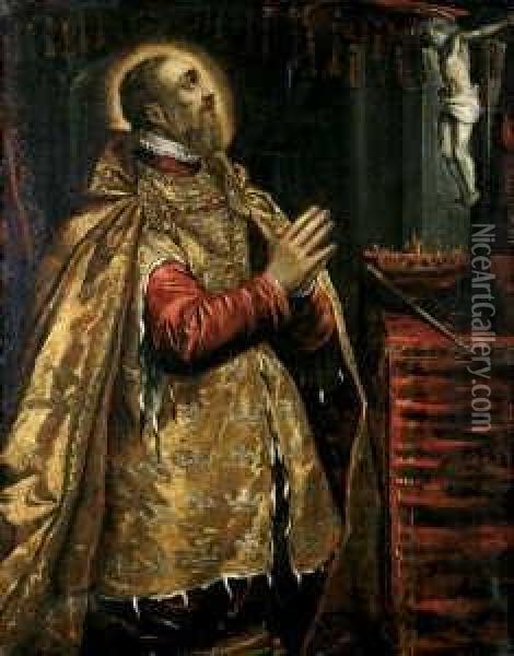 Der Hl. Ludwig Von Frankreich Vor Dem Kruzifix Kniend. Oil Painting - Domenico Tintoretto