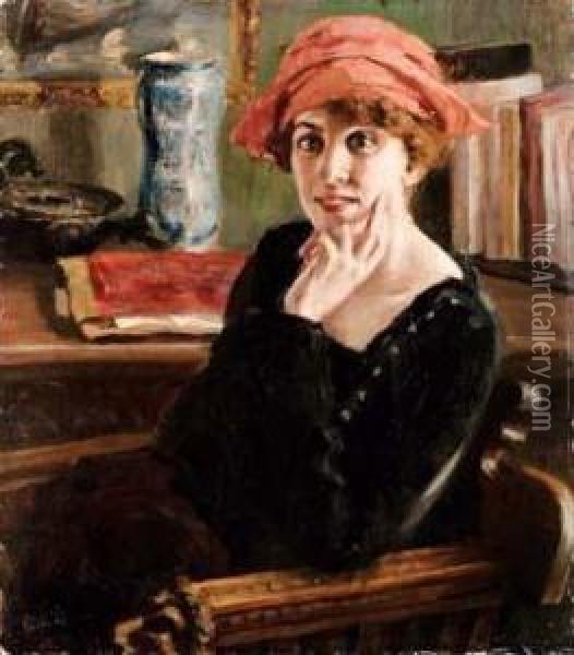 Donna Con Cappello Rosso Oil Painting - Gaetano Ricchizzi