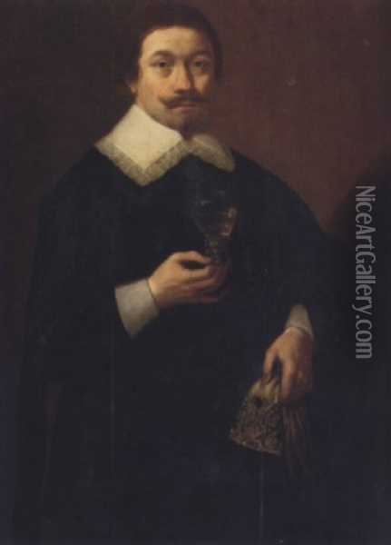Portrait Of A Gentleman Holding A Roemer In His Right Hand And Gloves In His Left Hand Oil Painting - Anthonie Palamedesz
