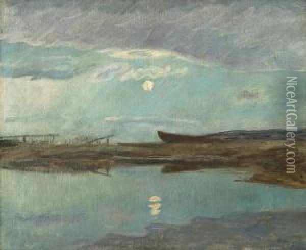 Coastal Landscape In Moonlight Oil Painting - Eilif Peterssen