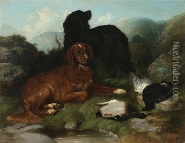 Dogs With Dead Game In A Highland Landscape Oil Painting - George William Horlor