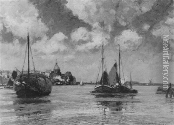 Im Hafen Von Dordrecht Oil Painting - Heinrich Hermanns