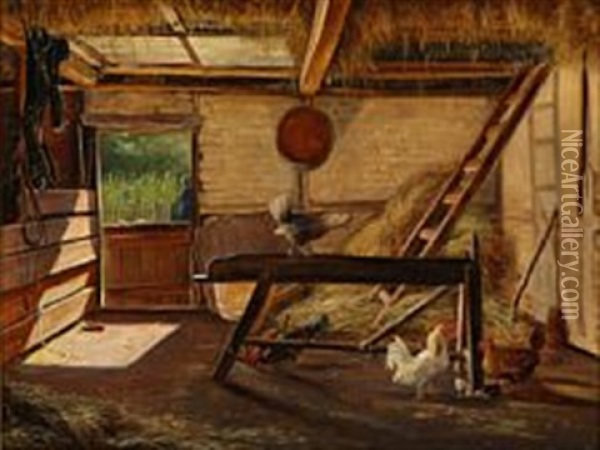 Stable Interior With Chickens Oil Painting - Edvard Frederik Petersen