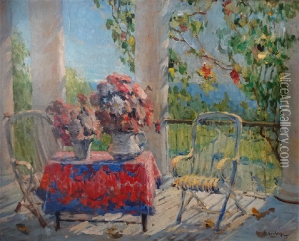Sur La Terrasse Oil Painting - Konstantin Ivanovich Gorbatov