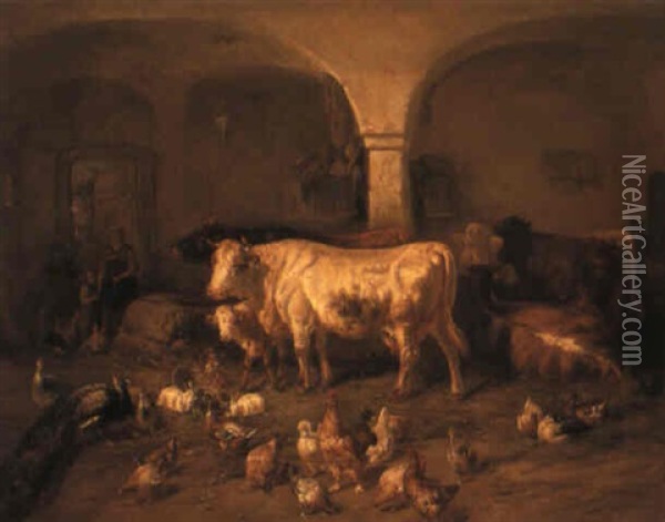 Cattle, Chickens And Peacocks In A Barn Oil Painting - Benno Raffael Adam