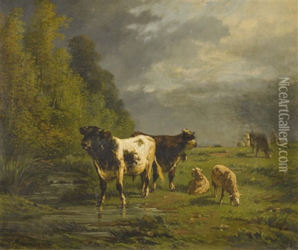 Aufziehendes Gewitter Mit Vieh Am Waldrand Oil Painting - Antonio Cortes Cordero