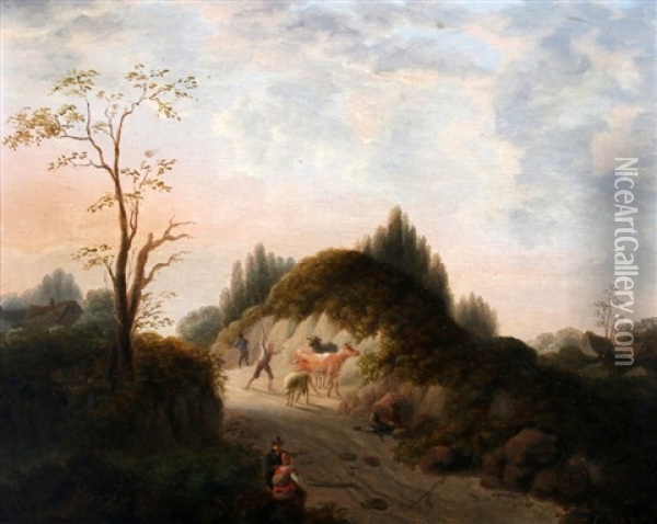 Herders Met Vee In Heuvelachtig Landschap Oil Painting - Christopher (Christoffel) Wust