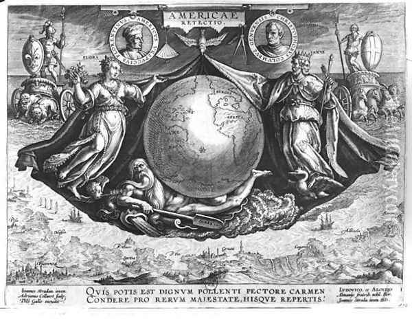 Discovery of America with portraits of Amerigo Vespucci 1454-1512 and Christopher Columbus 1451-1506 engraved by Jan Collaert 1566-1628 printed by Philipp Galle 1537-1612 c.1600 Oil Painting - Giovanni Stradano