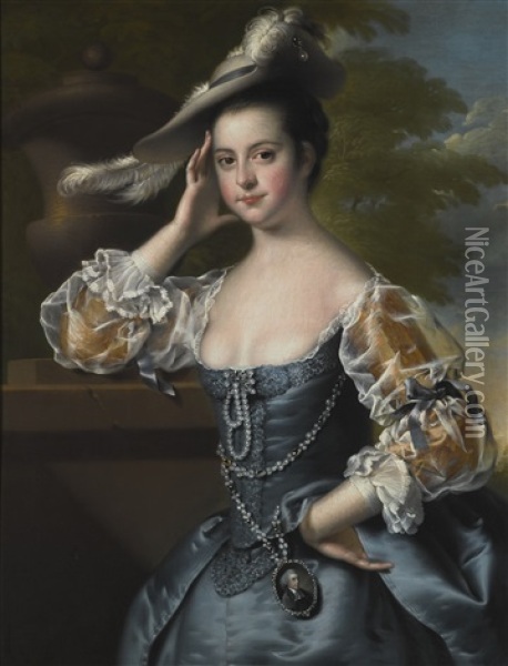 A Portrait Of Susannah Hope (1744-1807), A Portrait Miniature Of Her Husband Reverend Charles Hope Of Derby At Her Waist Oil Painting - Joseph Wright (of Derby)