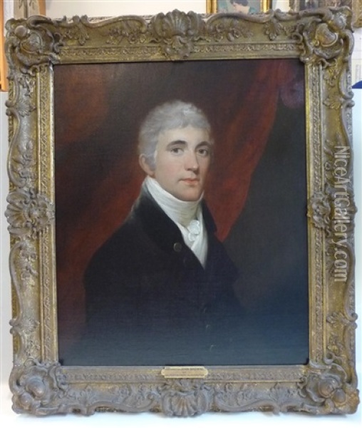 A Head And Shoulders Portrait Of John Browne Of Salperton Park, Gloucester, Depicted In A Wine Coloured Jacket Before A Red Curtain Oil Painting - Sir John Hoppner