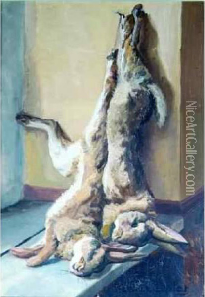 Nature Morte Aux Deux Lapins. Oil Painting - France Leplat
