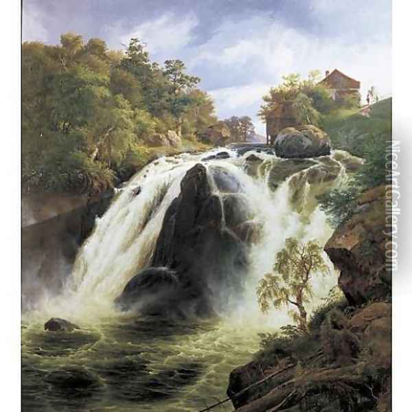 View of the waterfall at Stora Mollan, Sweden Oil Painting - Johann-Hermann Carmiencke