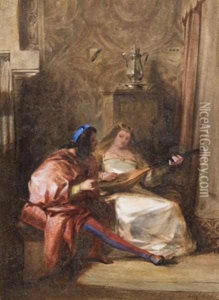 La Lecon De Luth, D'apres Bonington Oil Painting - Jules Robert Auguste