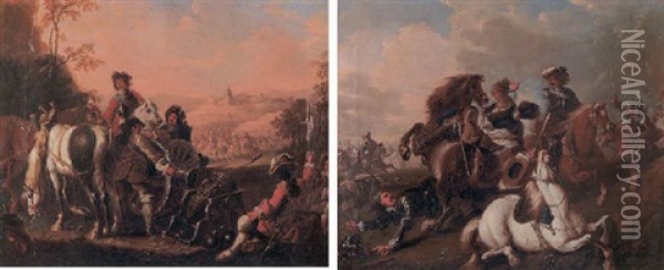 An Artillery Officer Overseeing His Men Positioning Their Canon With A Cavalry Charge Beyond Oil Painting - Christian Ludwig von Loewenstern