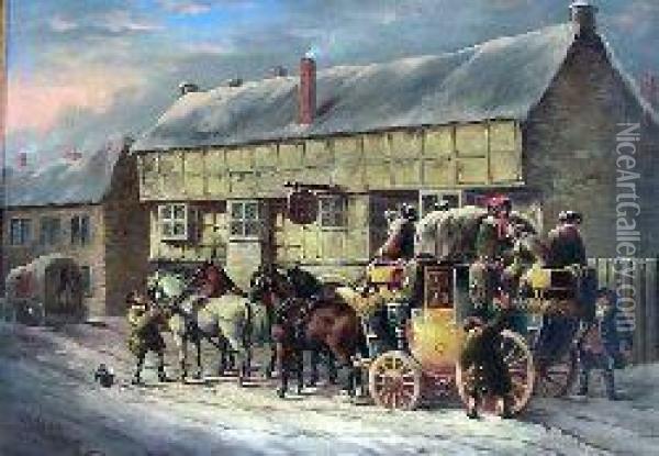 The Bath To Bristol Coach At The George Inn In The Snow Oil Painting - John Charles Maggs
