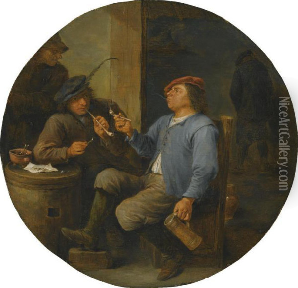 Two Peasants Smoking Pipes In A Tavern Oil Painting - David The Younger Teniers