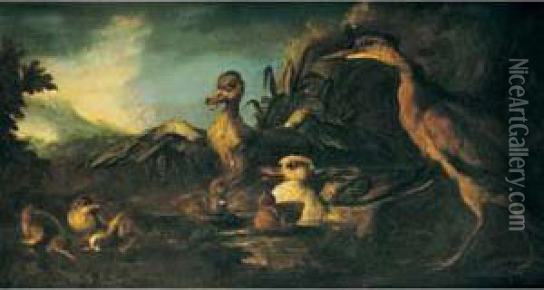 Heron Et Canards Dans Un Paysage Lacustre Oil Painting - Angelo Maria Crivelli, Il Crivellone