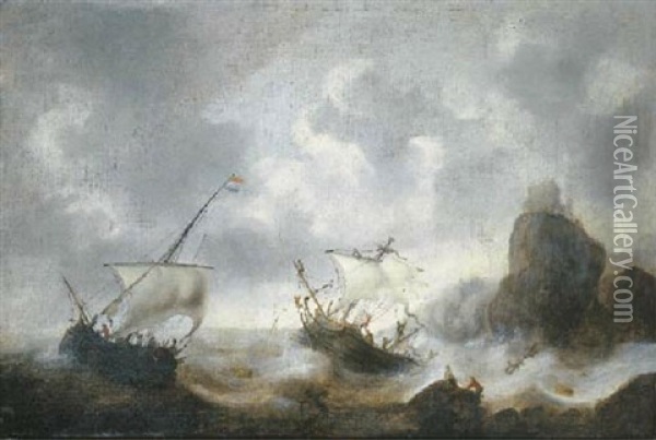 A Coastal Landscape With Frigates Off The Coast In A Storm Oil Painting - Jacob Adriaenz. Bellevois