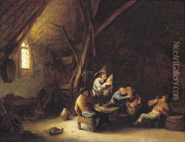 A barn interior with merry company and a bagpipe player Oil Painting - Adriaen Jansz. Van Ostade
