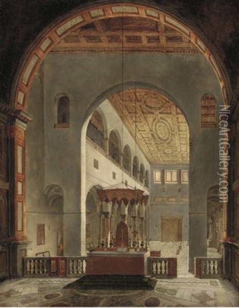 Interior Of Santi Quattro Coronati, Rome, Looking West From Behind The Altar Oil Painting - Francois Marius Granet