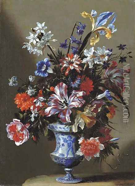 Lilies, peonies, narcissi, morning glory and other flowers in a blue and white vase on a stone ledge Oil Painting - dei Fiori (Nuzzi) Mario