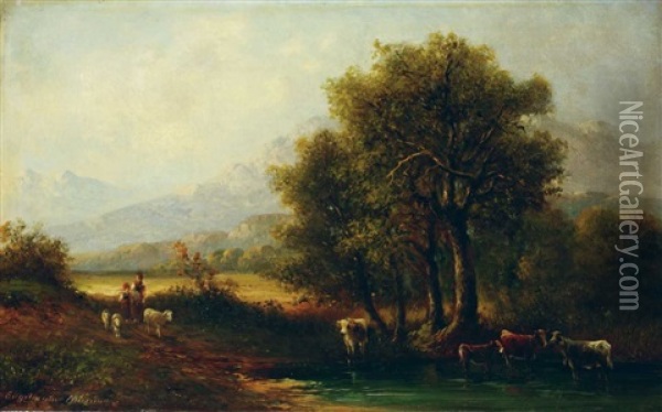 Gebirgslandschaft Mit Viehherde Oil Painting - Ernst Julius Engelmann