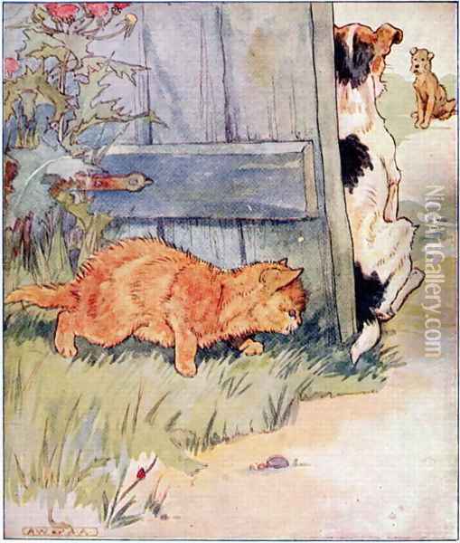 Sly Kitty thinks, A Joke Ill Play..., illustration from 'Cuddly Kitty and Busy Bunny', by Clara G. Dennis, published by Thomas Nelson and Sons, Ltd., 1926 Oil Painting - Alan Wright