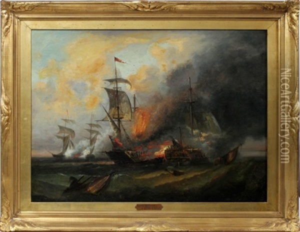 Naval Battle Scene Oil Painting - Auguste-Xavier Leprince