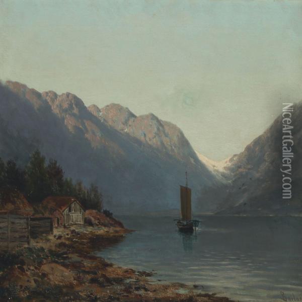 Norwegian Mountain Scape With Lake Oil Painting - Philip Barlag