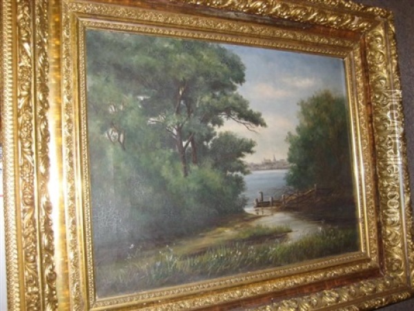 Lake Scene With Distant Harbor Town Oil Painting - Frank Louville Bowie