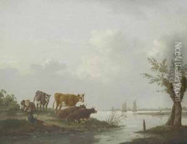 Cattle In A Meadow, A River Landscape Beyond Oil Painting - Charles Towne