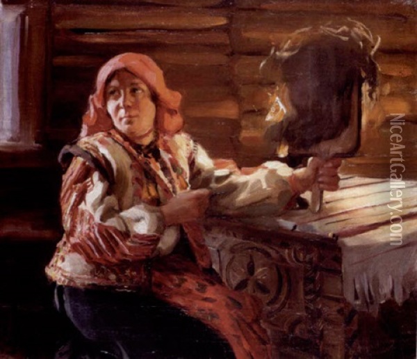 Peasant Woman Spinning By Candlelight Oil Painting - Filip Malyavin