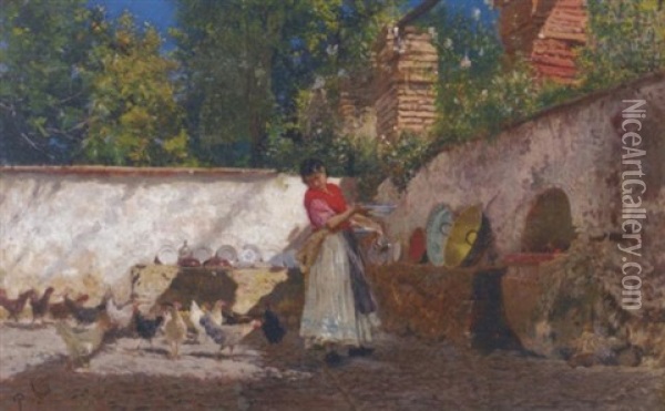 Feeding The Chickens Oil Painting - Pio Joris