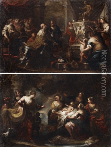 Salomon Sacrifiant Aux Idoles ( + Moise Sauve Des Eaux; Pair) Oil Painting - Bartolomeo Biscaino