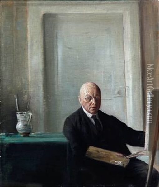 Self-portrait Of The Artist At His Easel Oil Painting - Carl Vilhelm Holsoe