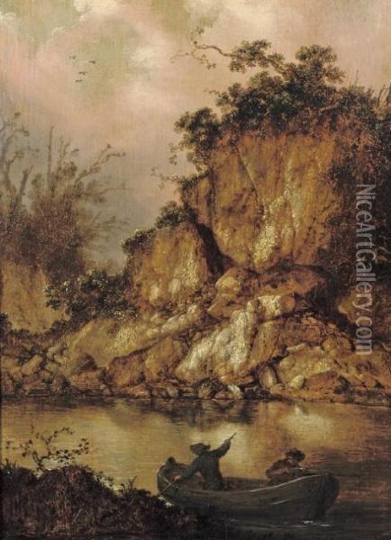 A Rocky River Landscape With Two Hunters In A Rowing Boat Oil Painting - Jacobus Sibrandi Mancandan