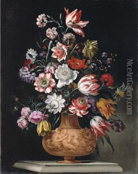 Tulips, Roses And Carnations And A Narcissus In A Sculped Urn On A Stone Ledge Oil Painting - Bartolommeo Ligozzi