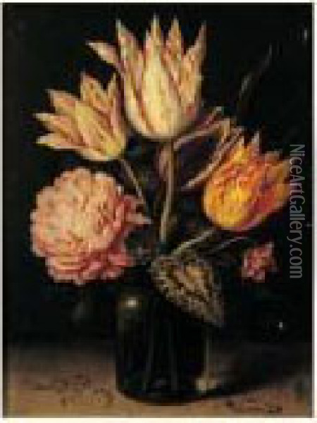 Bouquet De Tulipes Et De Roses Dans Un Vase Pose Sur Un
 Entablement Oil Painting - Ambrosius the Elder Bosschaert