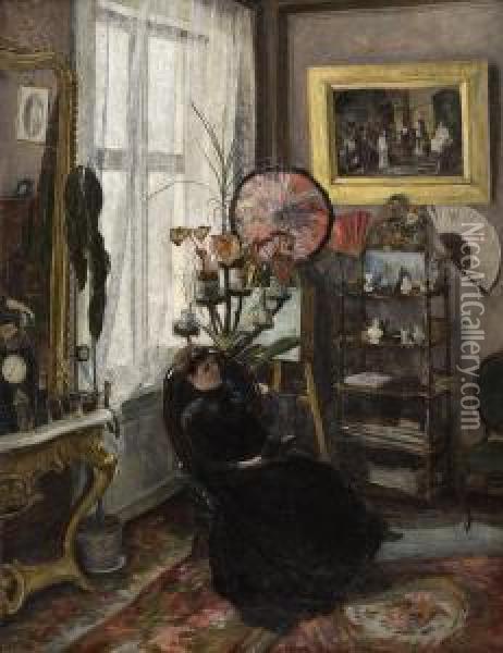 Interior Med Sittende Kvinne Oil Painting - Thorvald Hagbart Torgersen
