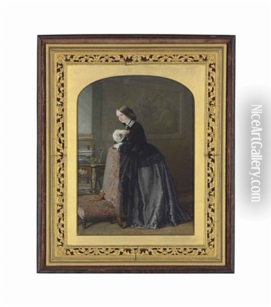 Mary Cornelia Edwards (1826-1906), 5th Marchioness Of Londonderry, In Black Velvet Jacket With Pearl Buttons, White Lace Collar And Sleeves Oil Painting - Robert Thorburn