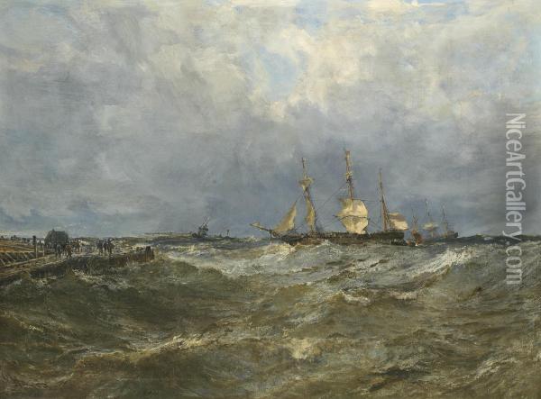 A Merchantman Heaving-to And Calling For A Pilot As She Approaches Harbour Oil Painting - Edwin Hayes