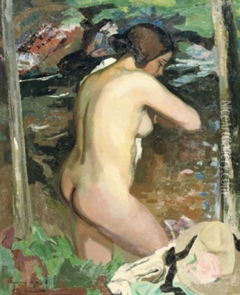 Baigneuse Profil - Bathing Nude In A Forest Oil Painting - Armand Adrien Marie Apol